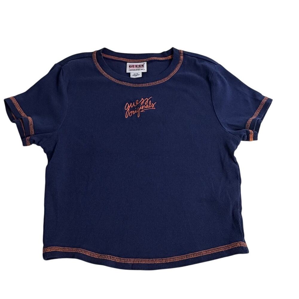 Guess Original Navy Blue Ribbed Baby Tee/Crop Top Women's Size M